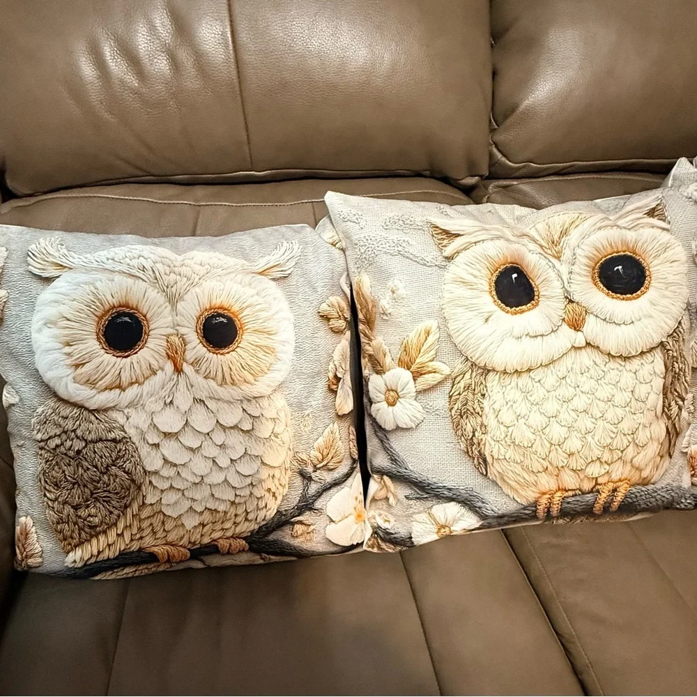Four New Owl Embroidered Look  Throw Pillows 17” X 17”